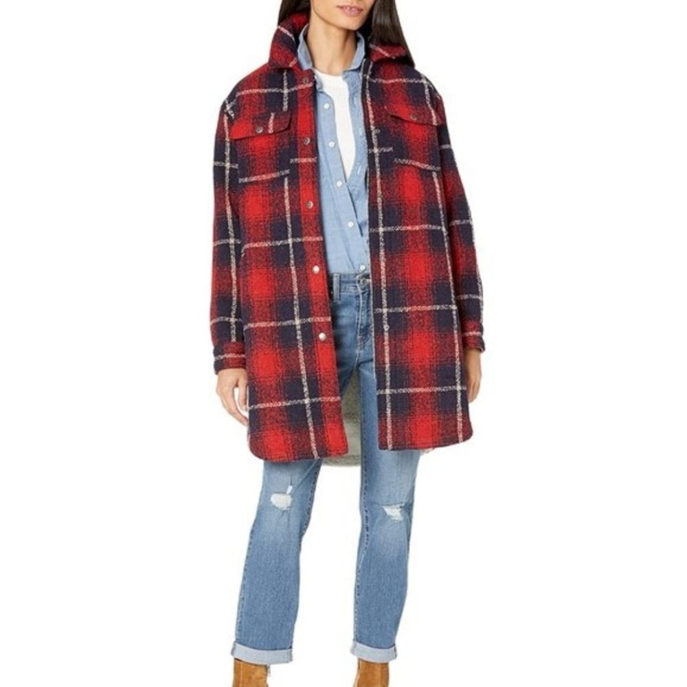 Levi’s Sherpa Lined Plaid Long Shacket Coat - Red/Navy - XS